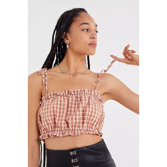 URBAN OUTFITTERS Red Check Cotton Crinkle Tie Shoulder Cropped Tank, Size S - Picture 1 of 15